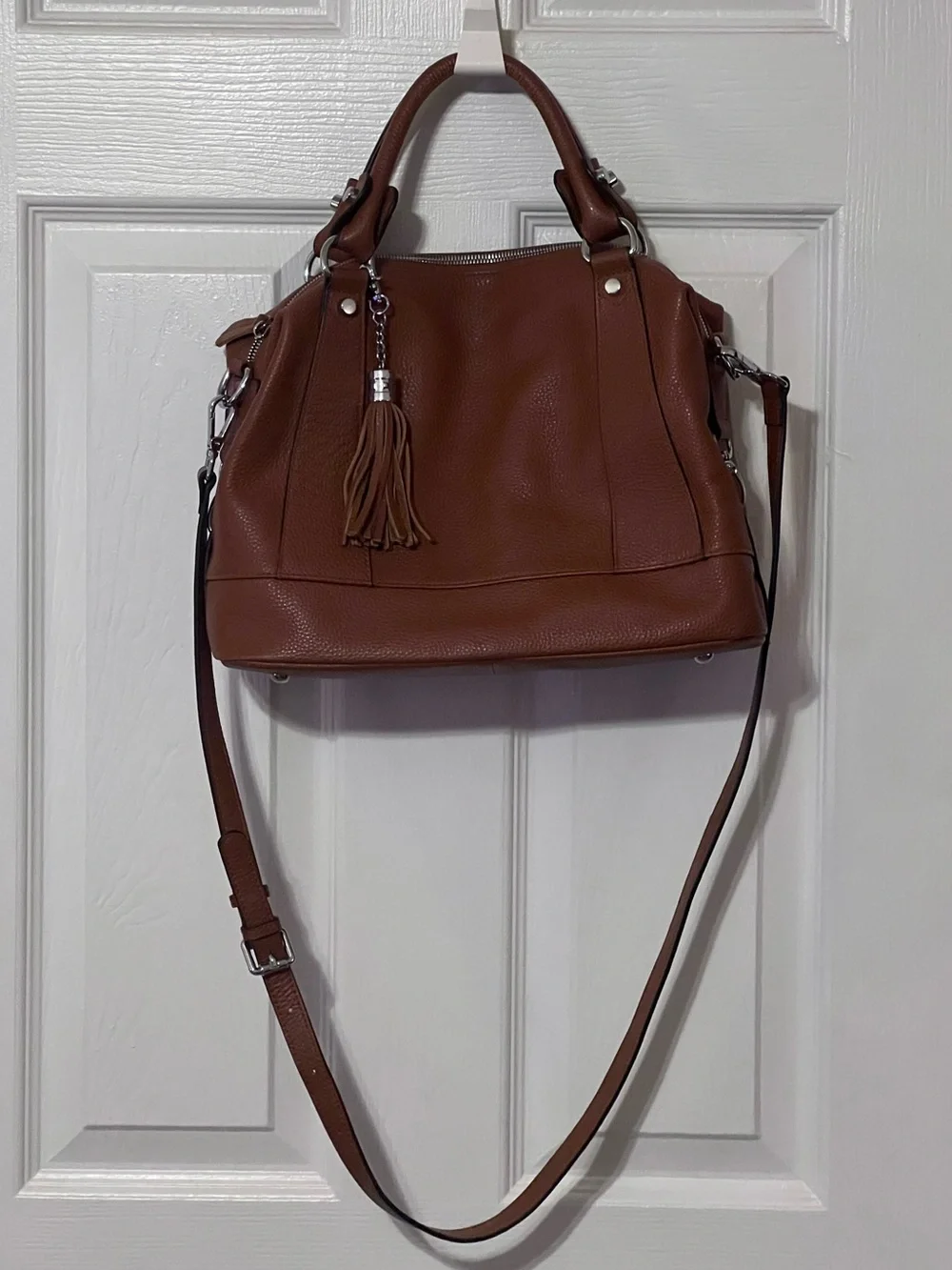 HESHE Cognac Brown Pebbled Satchel Crossbody Bag Tassel Handbag